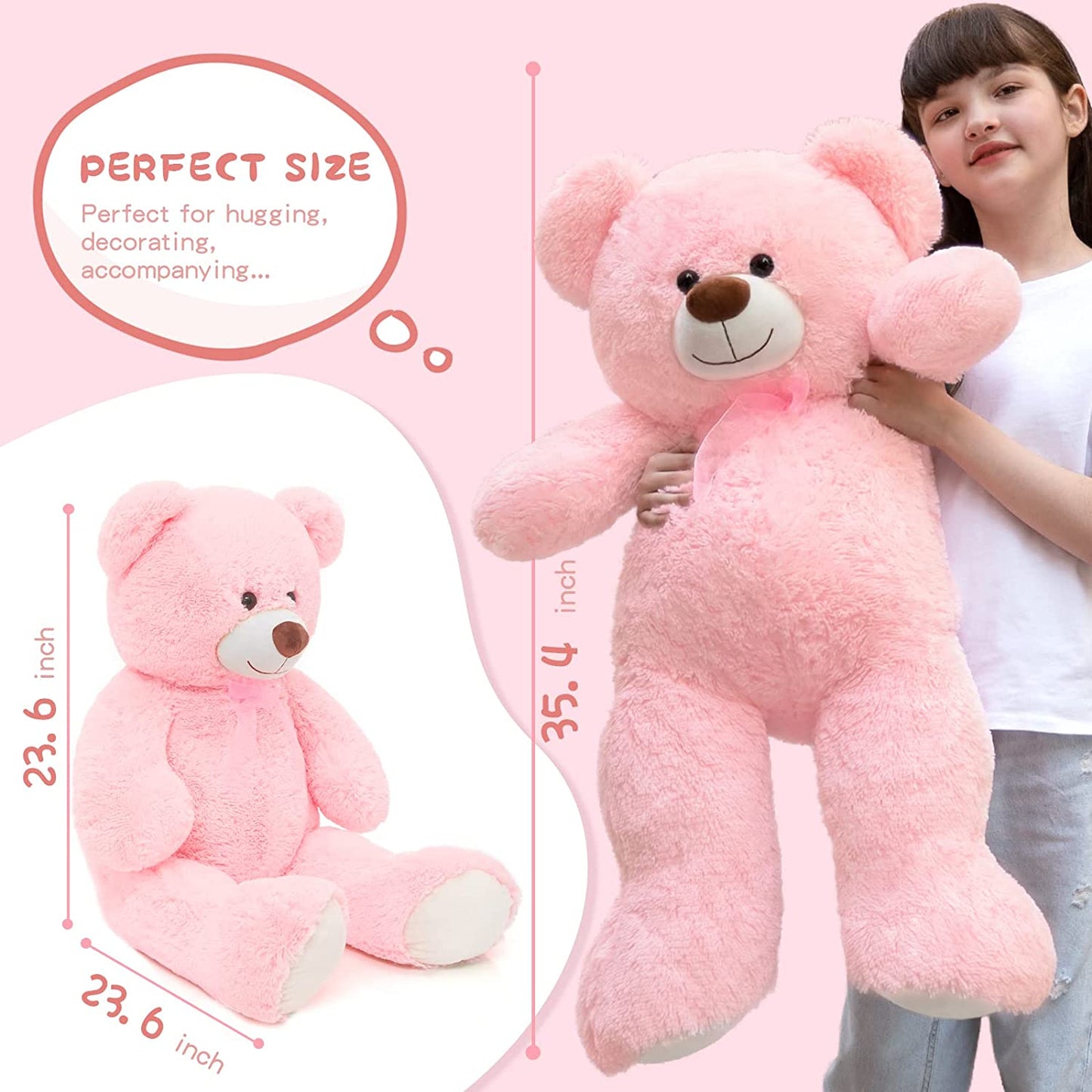Giant Teddy Bear Plush Toy, Pink, 35.4/51 Inches - MorisMos Plush Toys