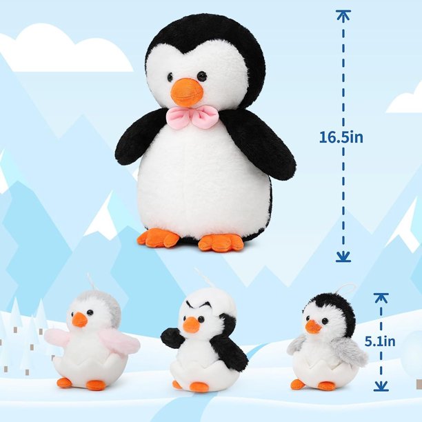 MorisMos Pingouin géant en peluche 41,9 cm avec 3 bébés pingouins en peluche