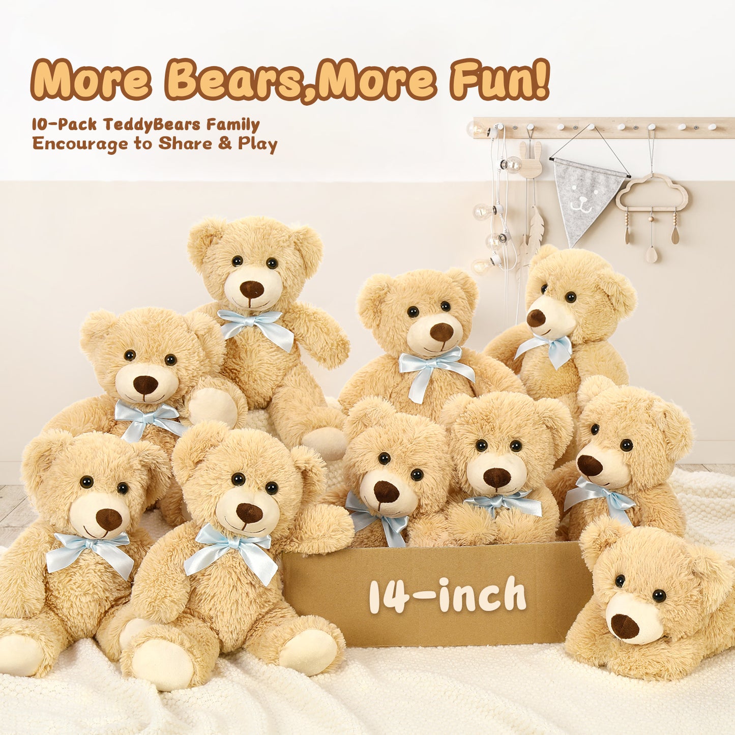 10 Pcs Teddy Bear Stuffed Animals Bulk, Light Brown, 14 Inches