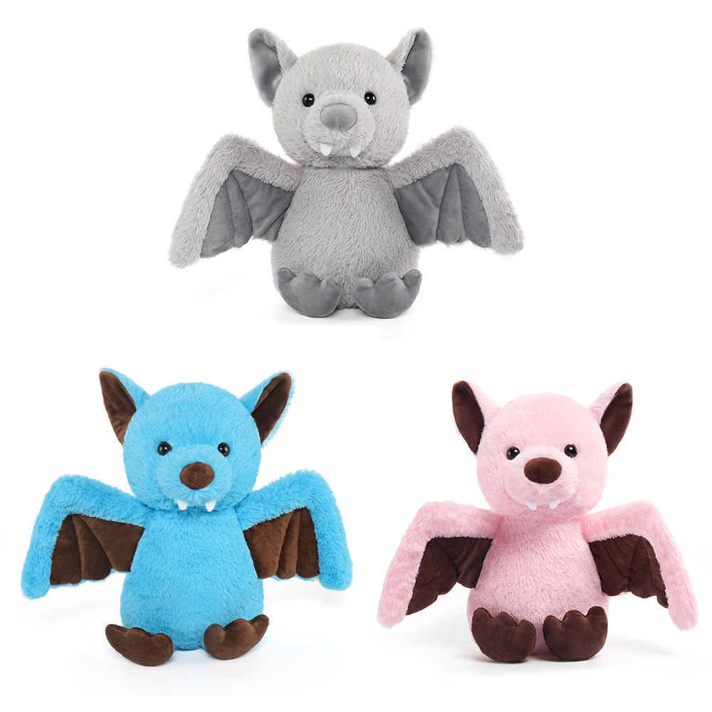 MorisMos Stuffed Animals - 3 Pcs Bat Stuffed Animals - Blue/Grey/Pink Bat Plush Toys - Halloween Bat 14 Inches Soft Toys - Free Shipping
