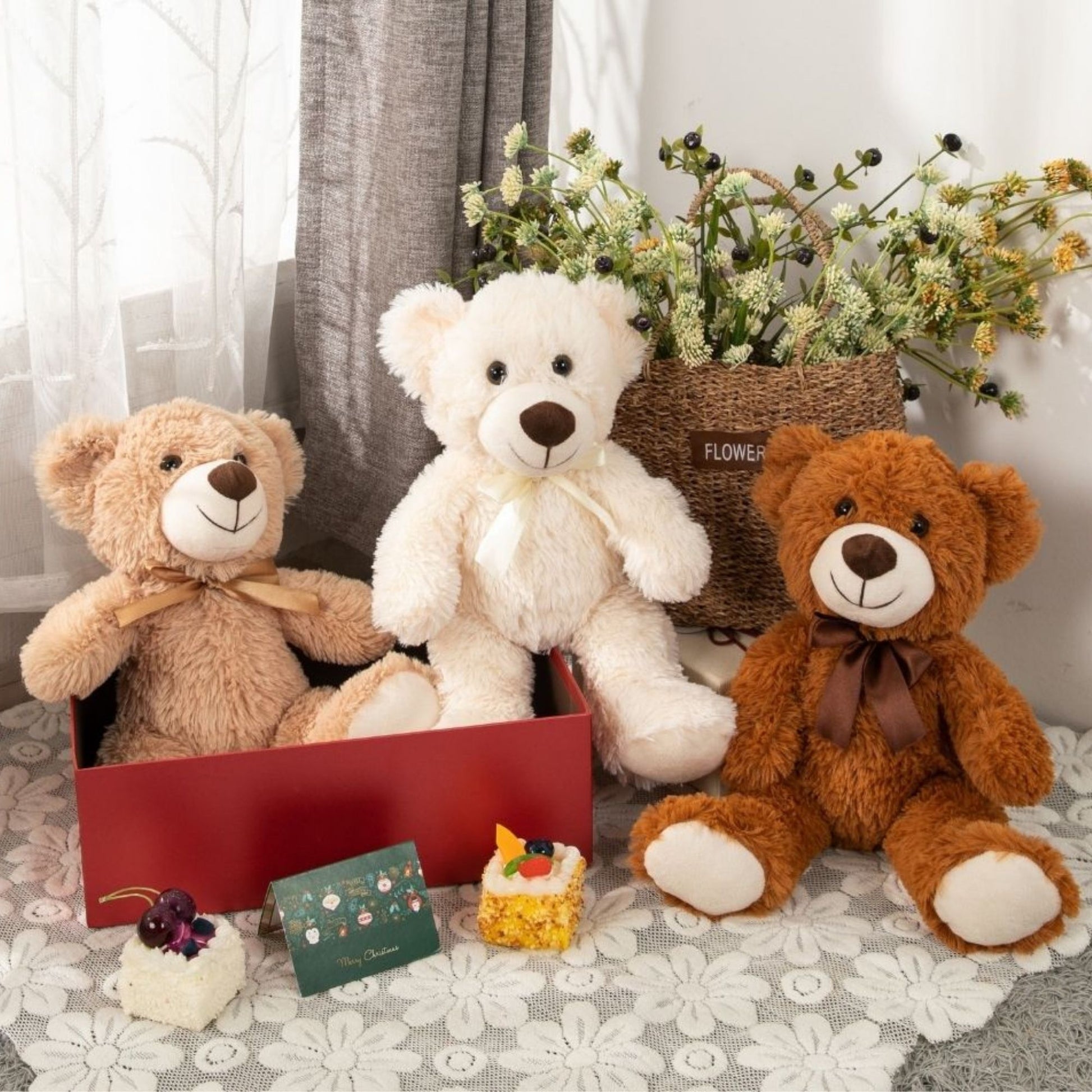3-Pack Teddy Bears, Beige/Light Brown/Dark Brown, 13.8 Inches