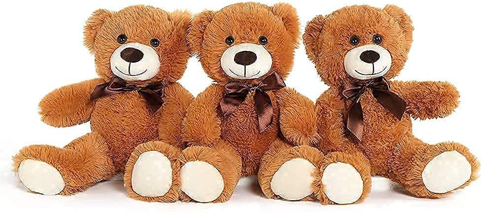 3 Pcs Brown Teddy Bear Stuffed Animals - 14 Inches Dark Brown Teddy Bear Plush Toys - Teddy Bear Theme Baby Shower Centerpieces - Cute Teddy Bear Plush Dolls Bulk - Free Shipping