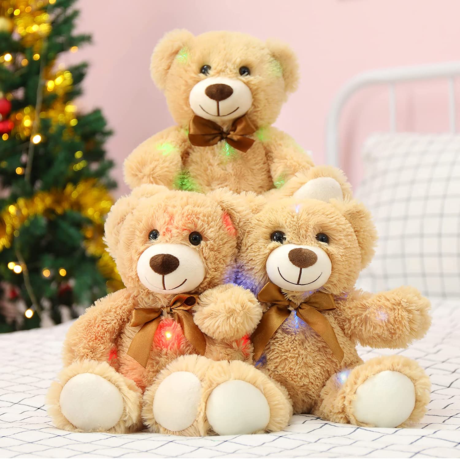3-Pack Light Up Teddy Bears, Light Brown, 13.8 Inches