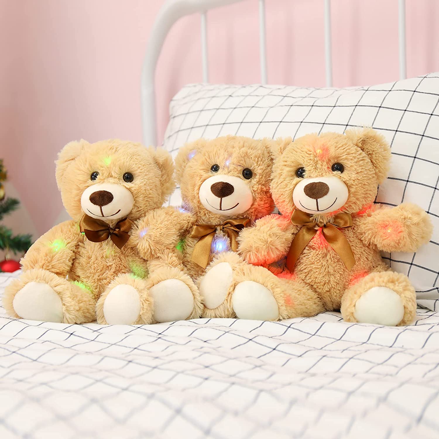 3-Pack Light Up Teddy Bears, Light Brown, 13.8 Inches