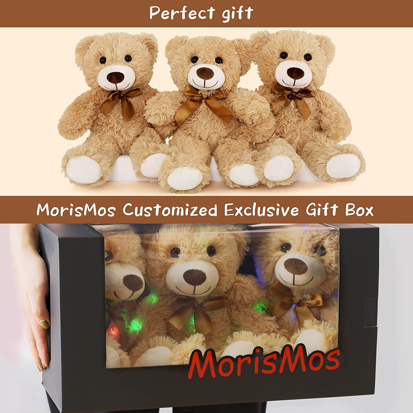 3-Pack Light Up Teddy Bears, Light Brown, 13.8 Inches - MorisMos Stuffed Animals