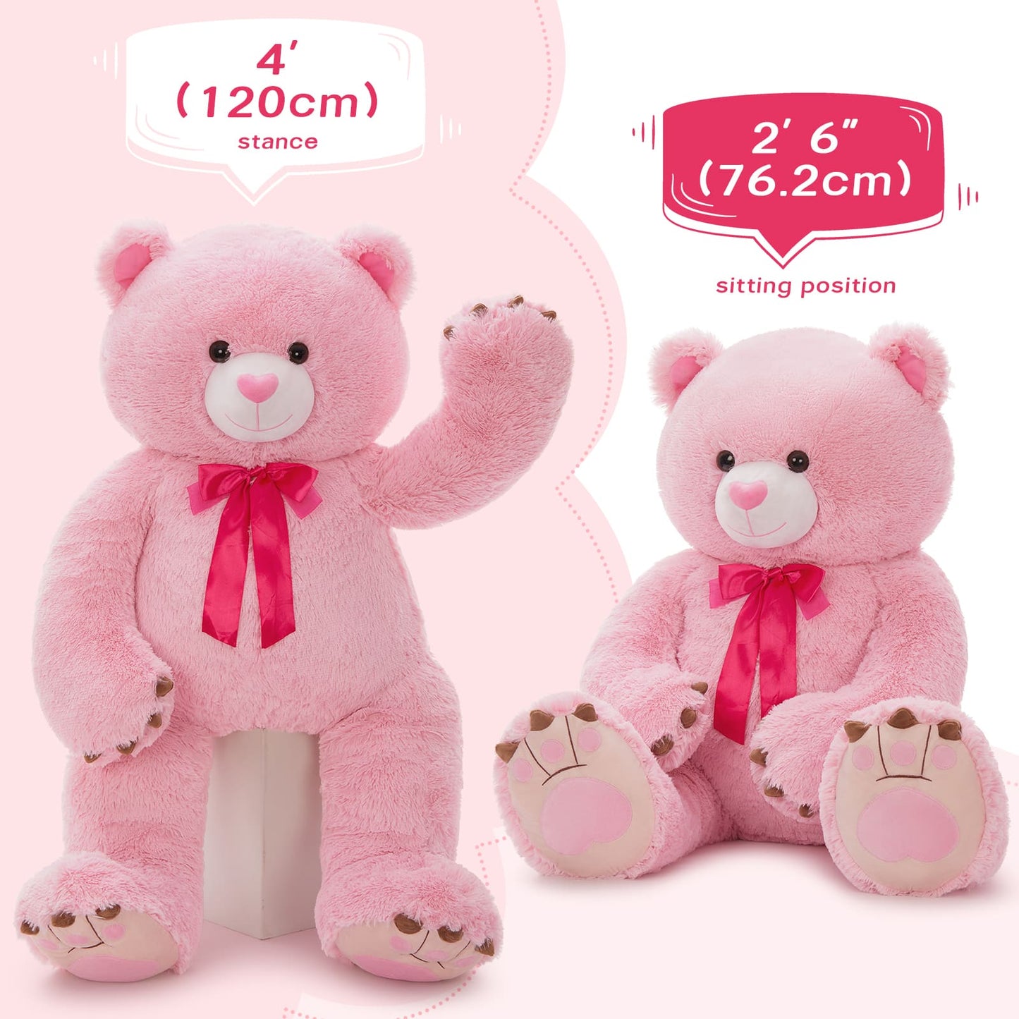 Big Teddy Bear Stuffed Animals, Pink, 4 FT