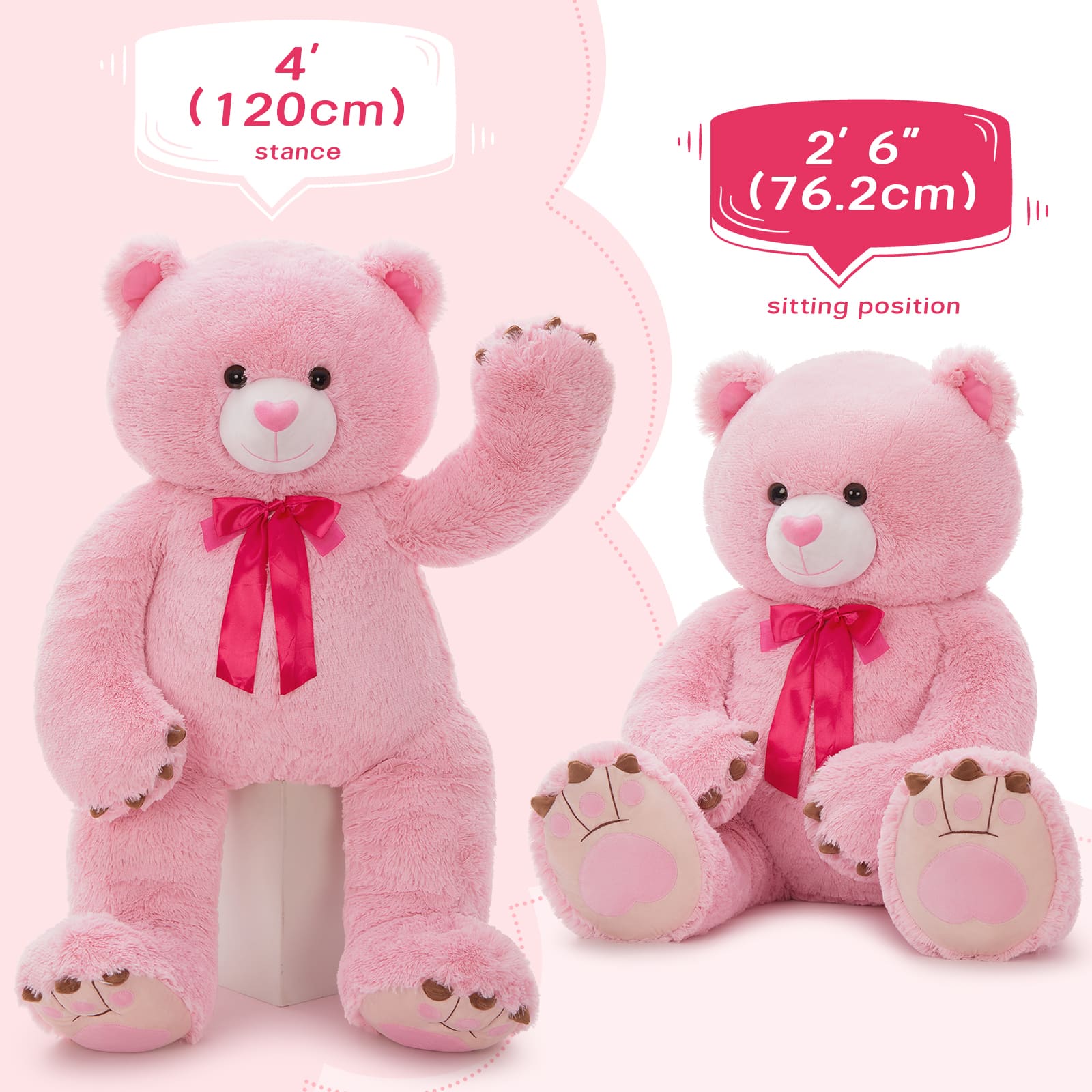 Big Teddy Bear Stuffed Animals, Pink, 4 FT