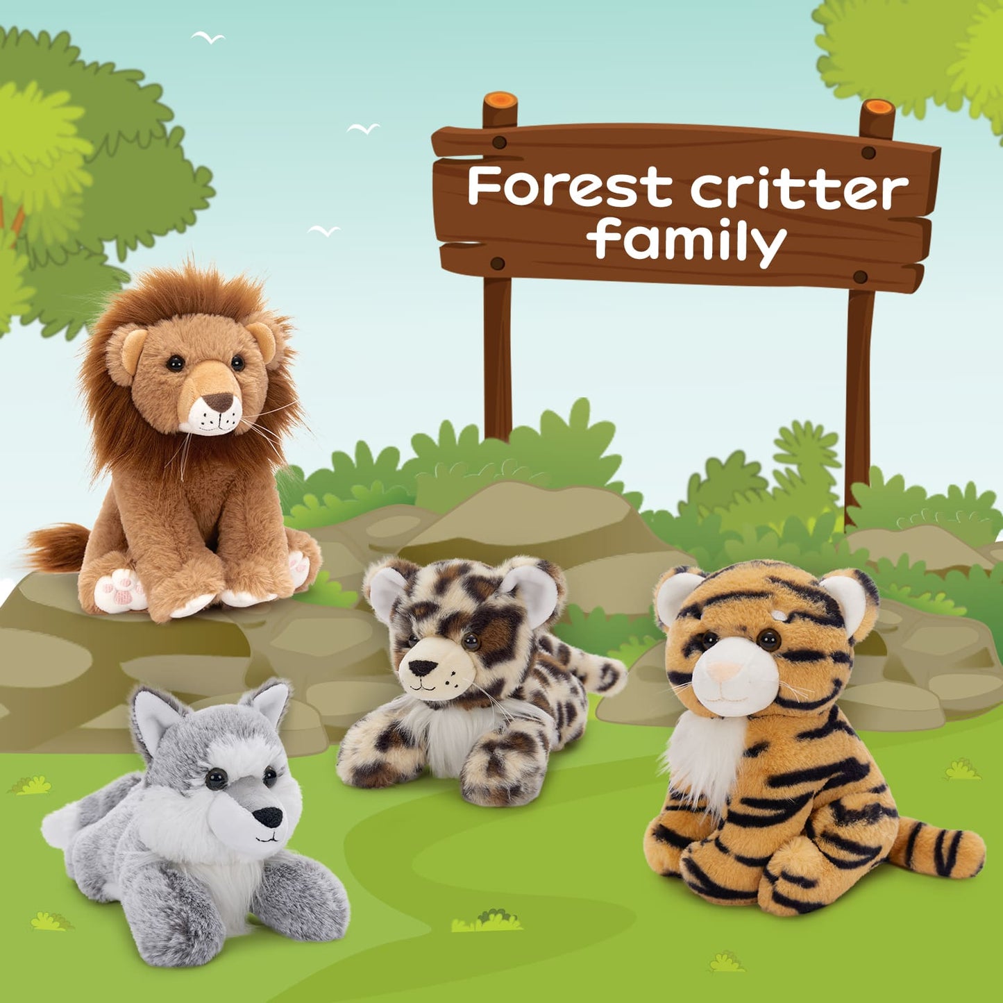 4 Pcs Jungle/Safari Stuffed Animals Set - Tiger/Lion/Wolf/Leopard Forest Plush Toys - 8 Inches Mini Stuffed Animals - Cute Mini Jungle Plush Toys for Children - Free Shipping