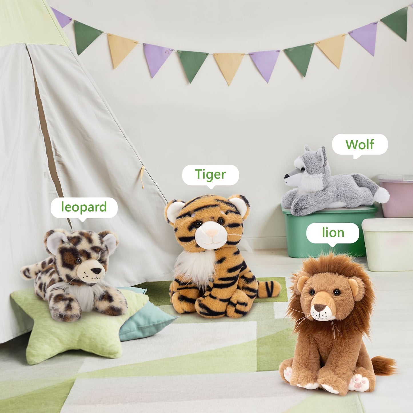 4 Pcs Jungle/Safari Stuffed Animals Set - Tiger/Lion/Wolf/Leopard Forest Plush Toys - 8 Inches Mini Stuffed Animals - Cute Mini Jungle Plush Toys for Children - Free Shipping