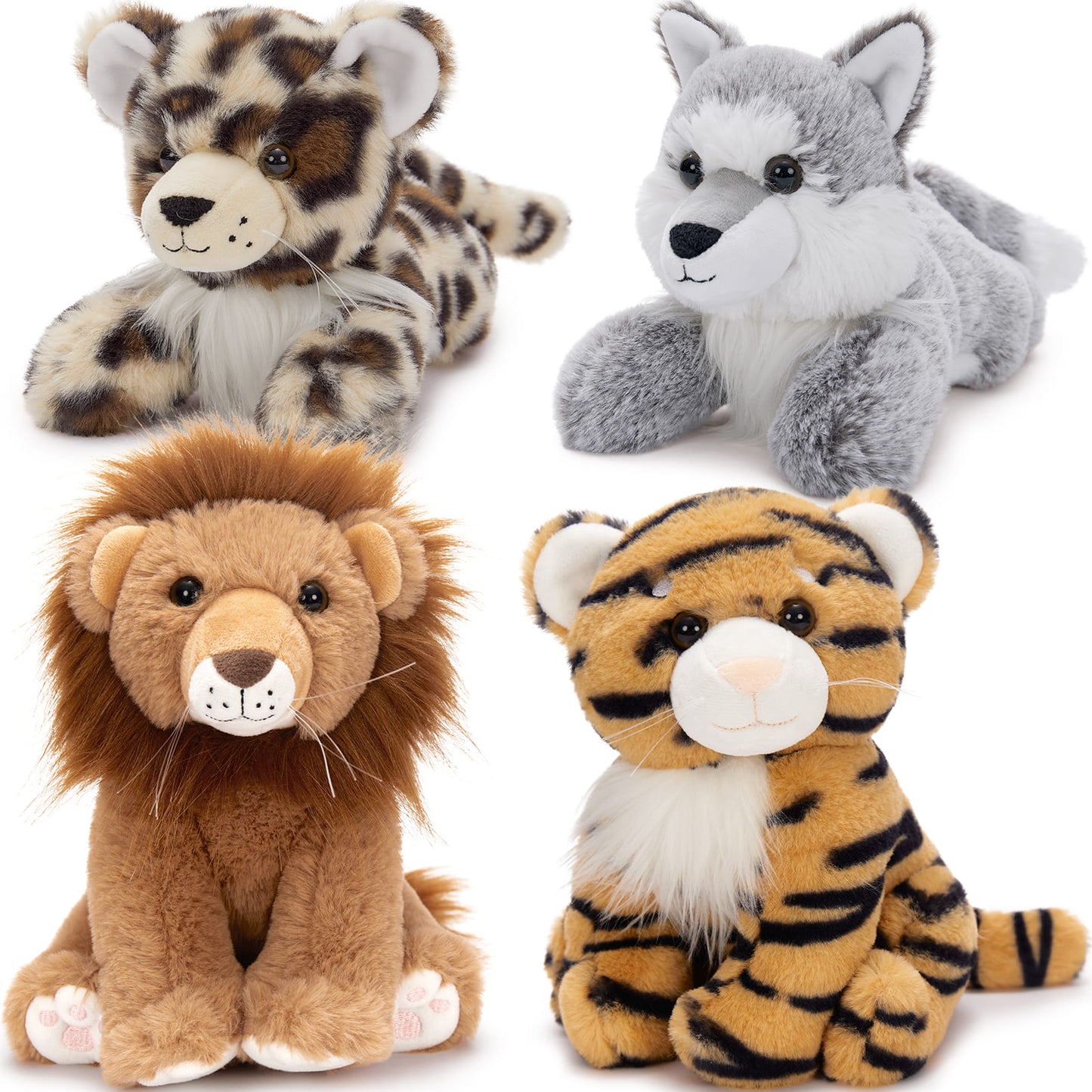 4 Pcs Jungle/Safari Stuffed Animals Set - Tiger/Lion/Wolf/Leopard Forest Plush Toys - 8 Inches Mini Stuffed Animals - Cute Mini Jungle Plush Toys for Children - Free Shipping