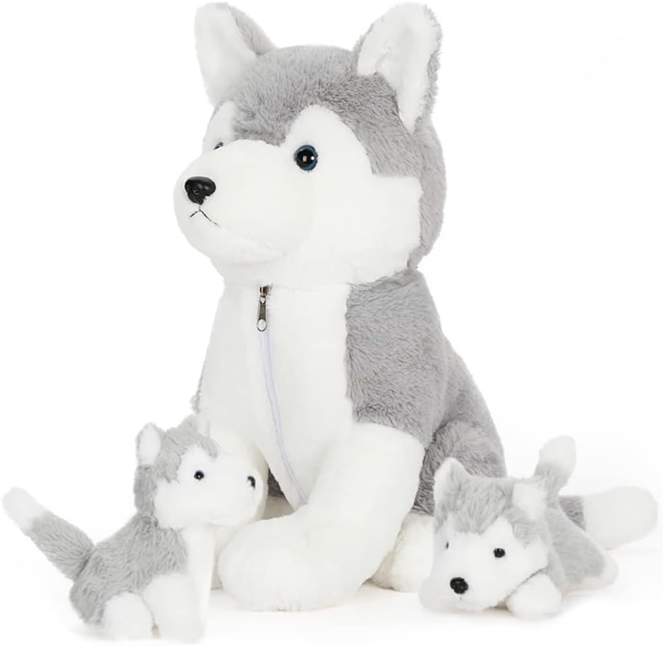 MorisMos Peluche Husky avec 2 chiots, 16 pouces