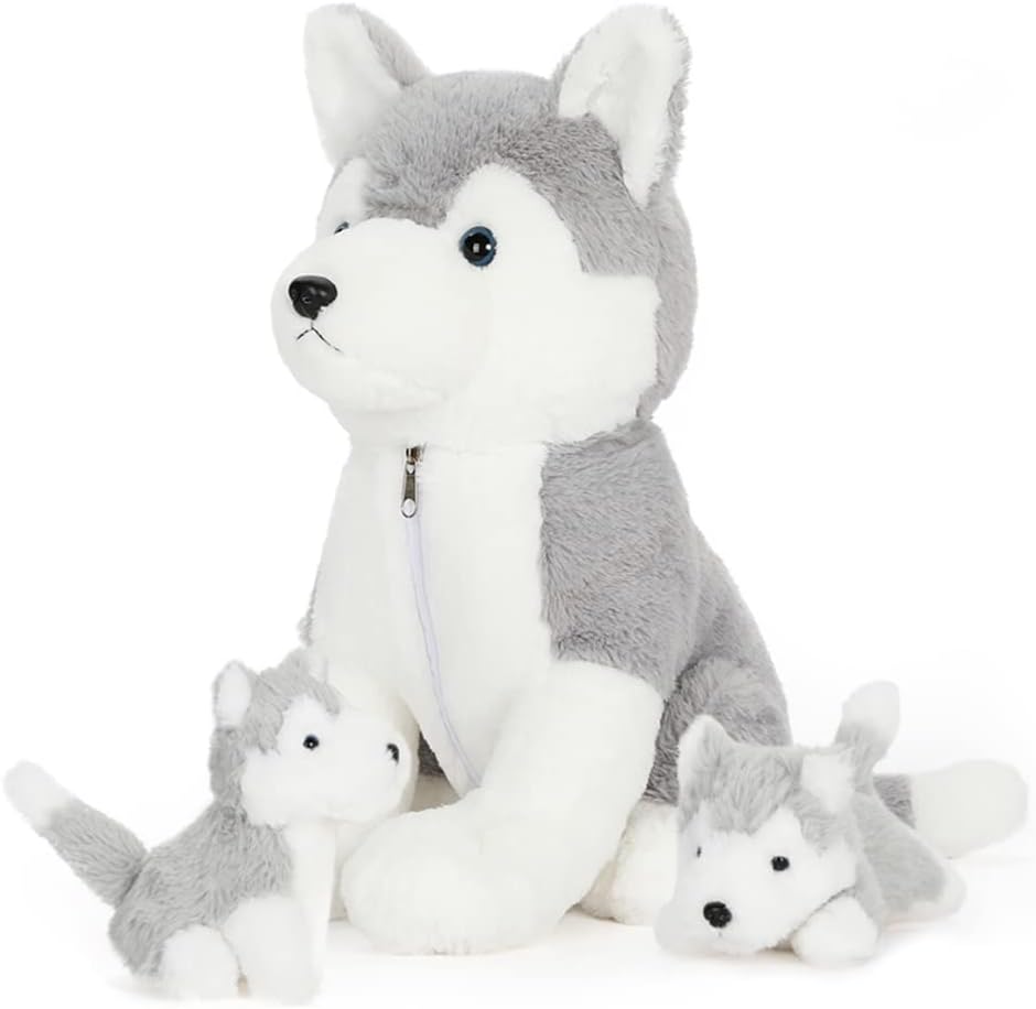 MorisMos Husky Plush Toy with 2 Puppies, 16 Inches