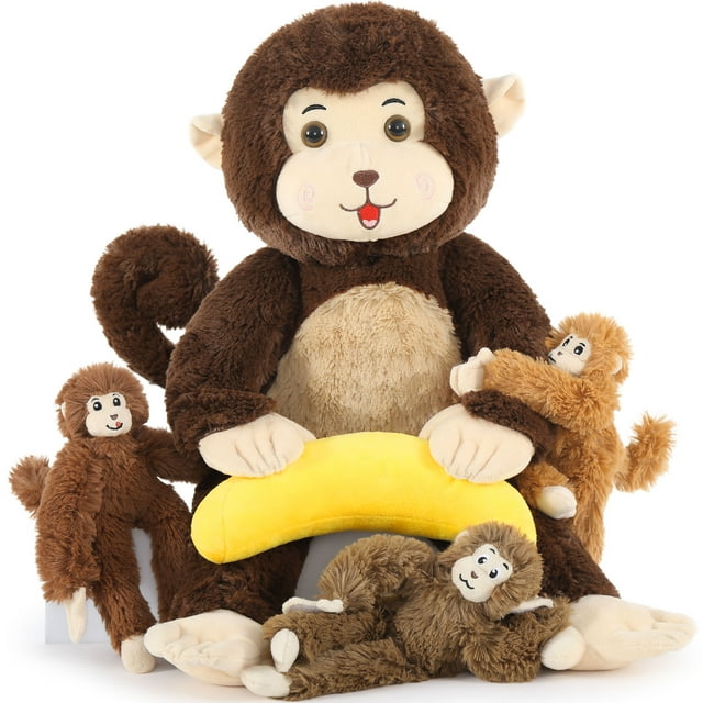 25.6" Monkey Mommy Stuffed Animal with 3 Baby Monkeys & 1 Banana Plush Toy