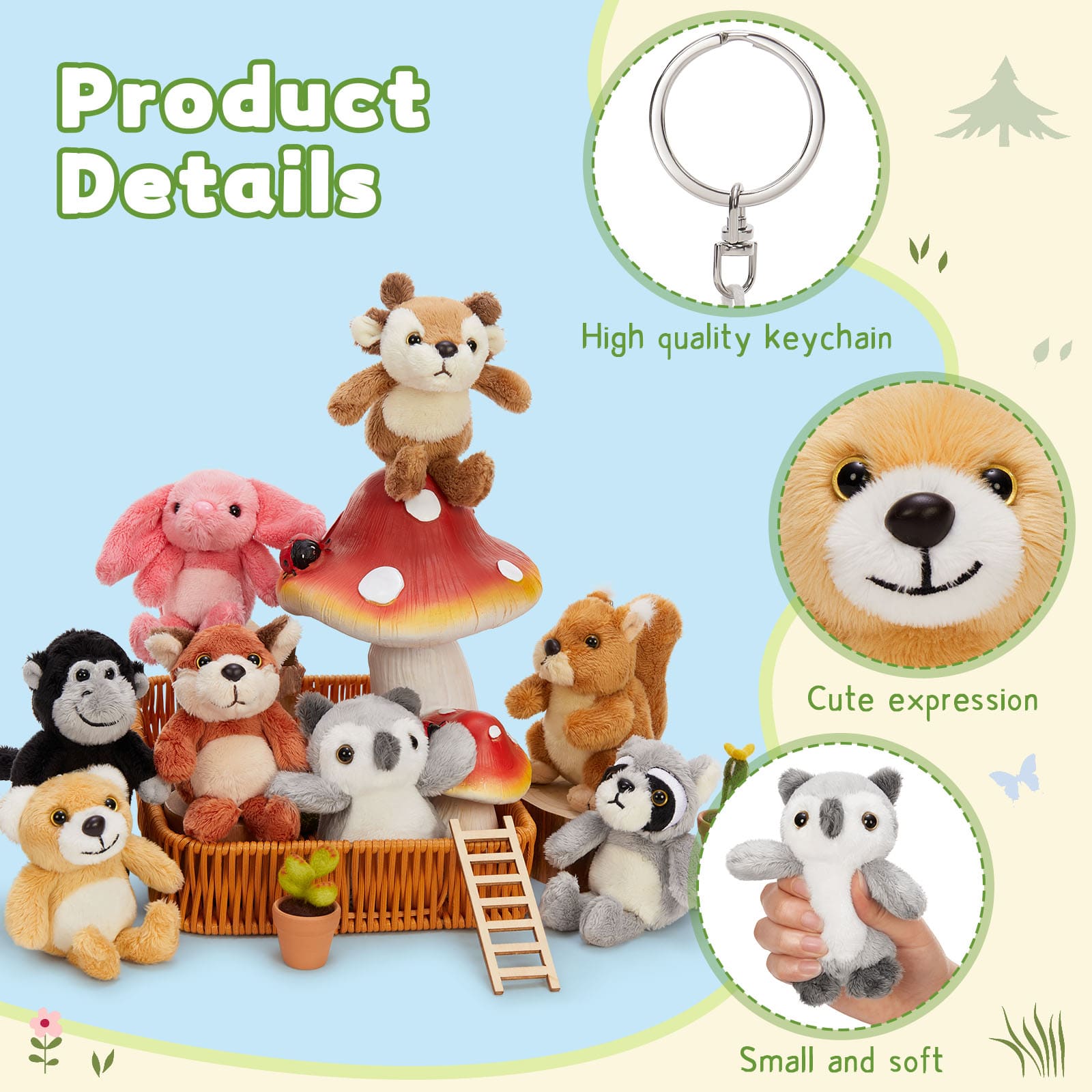 Mini Bulk Plush Keychains Animal Plush Toy Assortment, 5 Inches