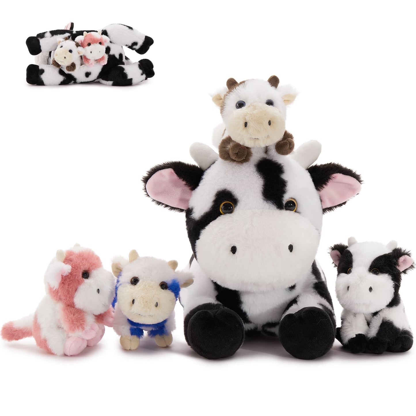 5 Pcs Dairy Cow Stuffed Animals Bulk - 16 Inches Cow Plush Toys Set - Stuffed Animal Babies with Their Mom - Stuffed Animals with Babies in the Belly - Cute Farm Cow Cartoon Plush Dolls for Kids - Cartoon Soft Toys - Christmas/Birthday Gift Ideas