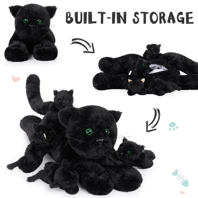 5Pcs Black Cat Plush with 4 Babies inside 20" Big Black Cat Stuffed Animals Plush Toy