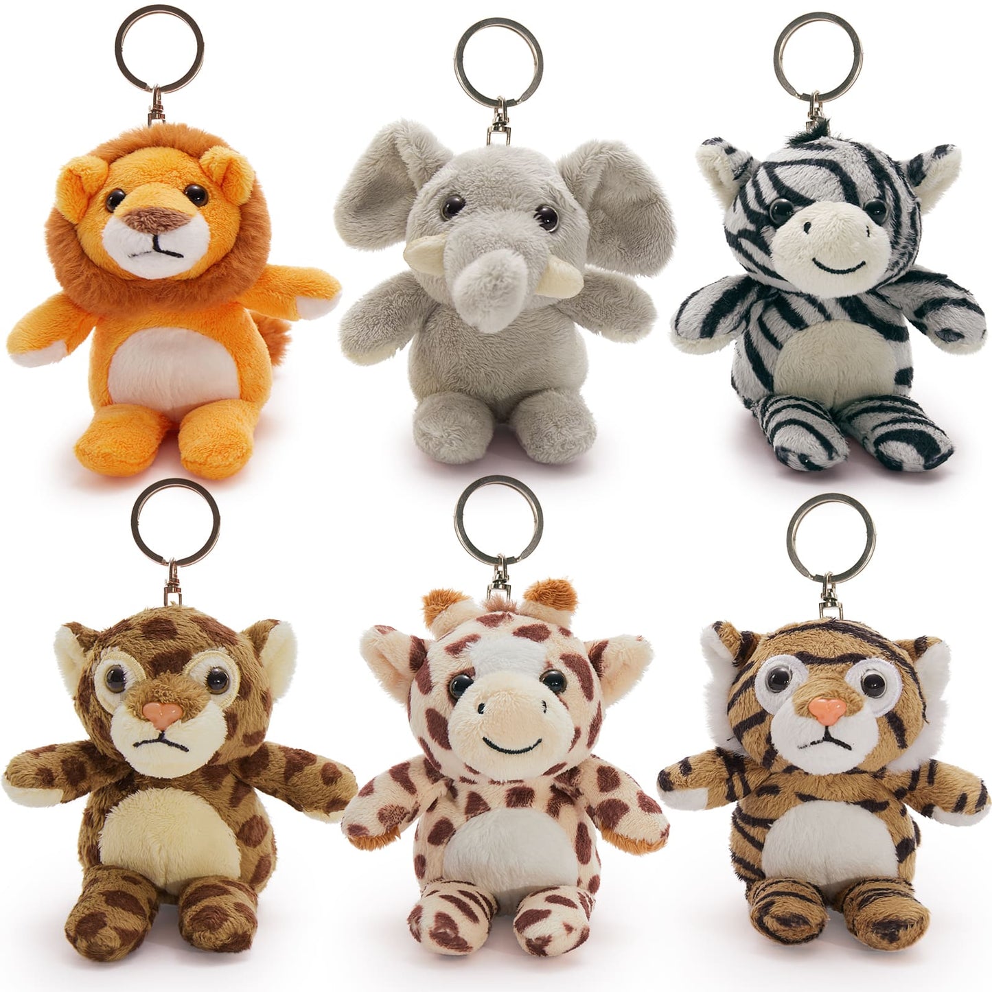 6 Pcs Jungle Safari Stuffed Animals Keychains Bulk, 6 Inches