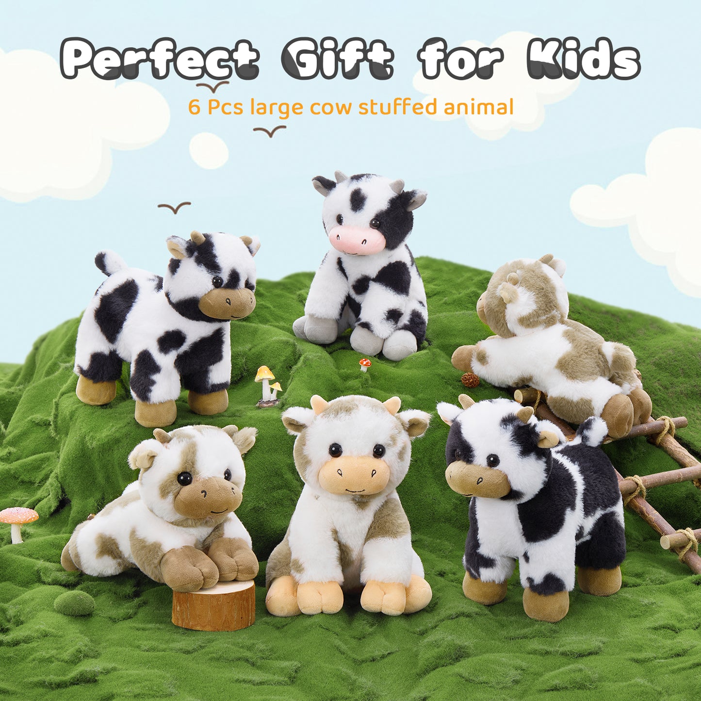 6 Piece Cow Stuffed Animals Farm Plush Toys Bulk, 9.8 Inches