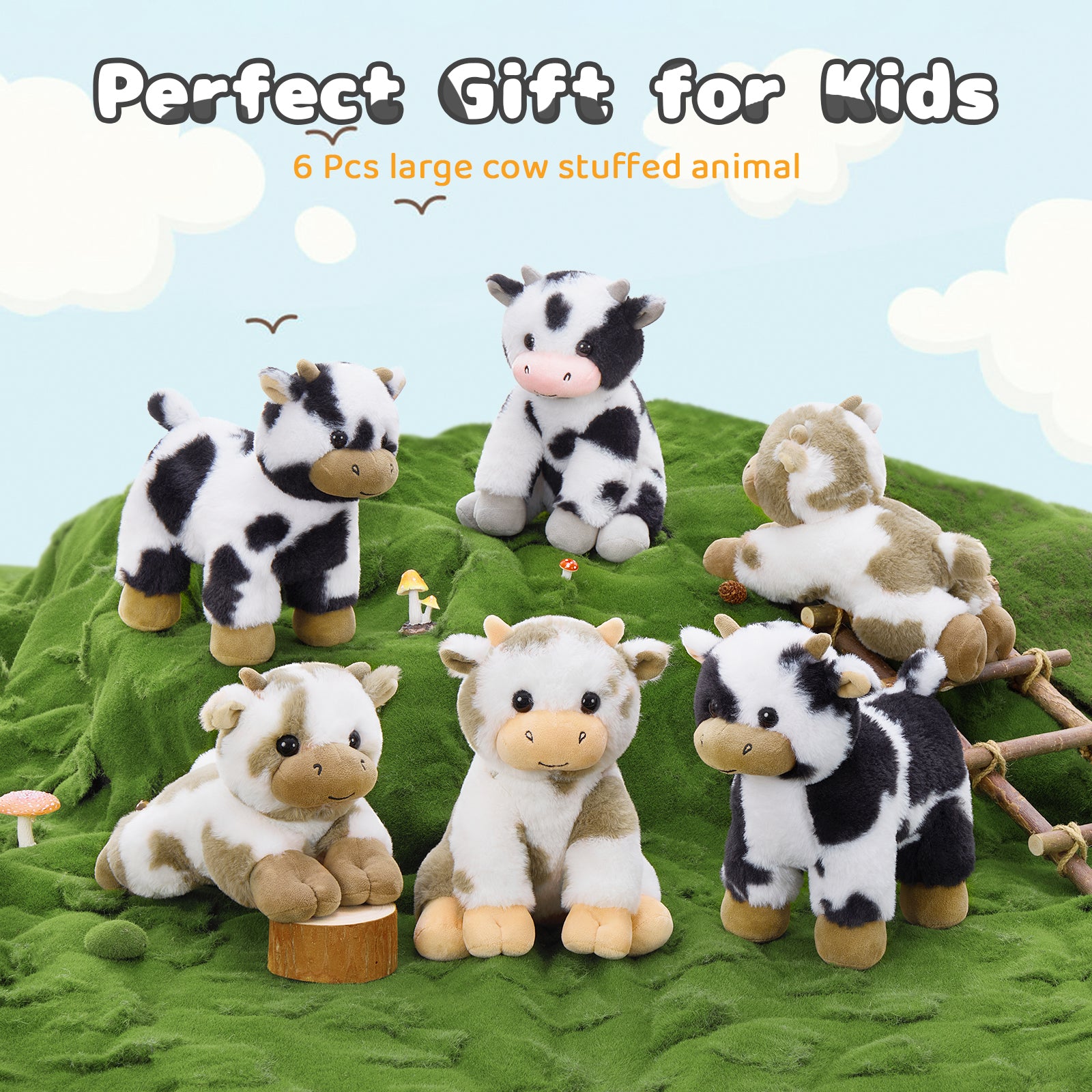 6 Piece Cow Stuffed Animals Farm Plush Toys Bulk, 10 Inches