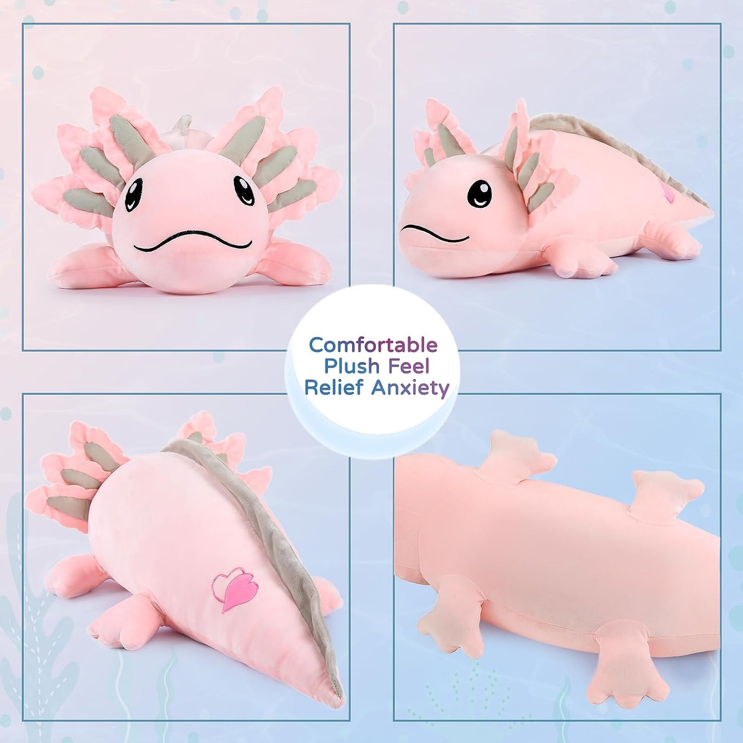 This axolotl plushie isn't the common stuffed animal. What makes it unique is its weight, which has therapeutic benefits. It's a great helper when dealing with anxiety, keeping emotions in check, and even kicking off stress! The secret of its weight? It's all in the stuffing it's filled with. This axolotl plush toy comes filled with tiny weighted beads in its tummy and four limbs. But don't worry, these beads are totally safe for use.