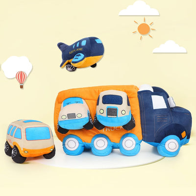 Großes Auto-Plüschspielzeug, weiches LKW-Spielzeugset mit 4 Plüschspielzeugen für Babyfahrzeuge