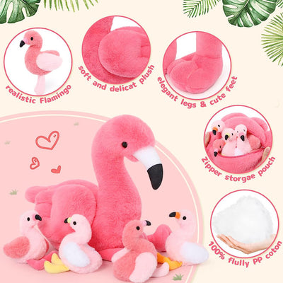 18'' Plush Flamingo Stuffed Animal Mommy Stuffed Flamingo with 4 Babies