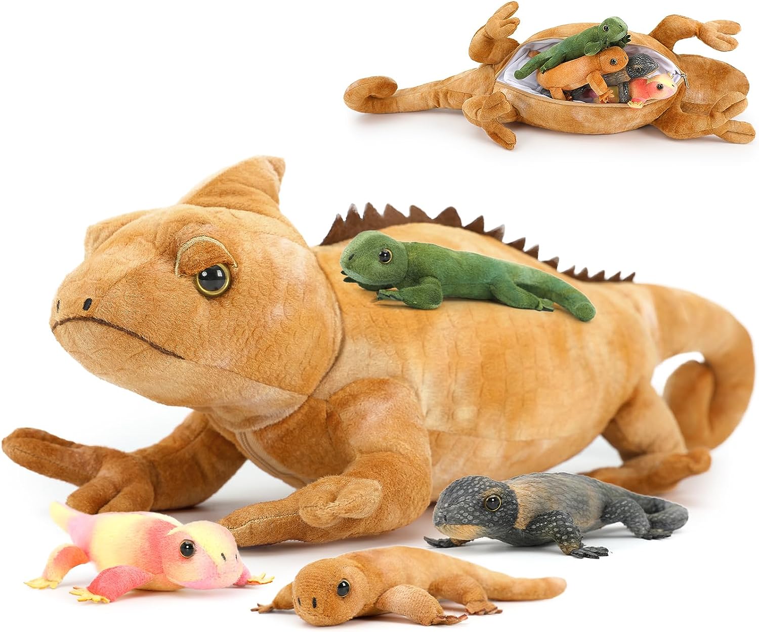 Morismos Lézard en peluche, caméléon en peluche avec 4 bébés à l'intérieur