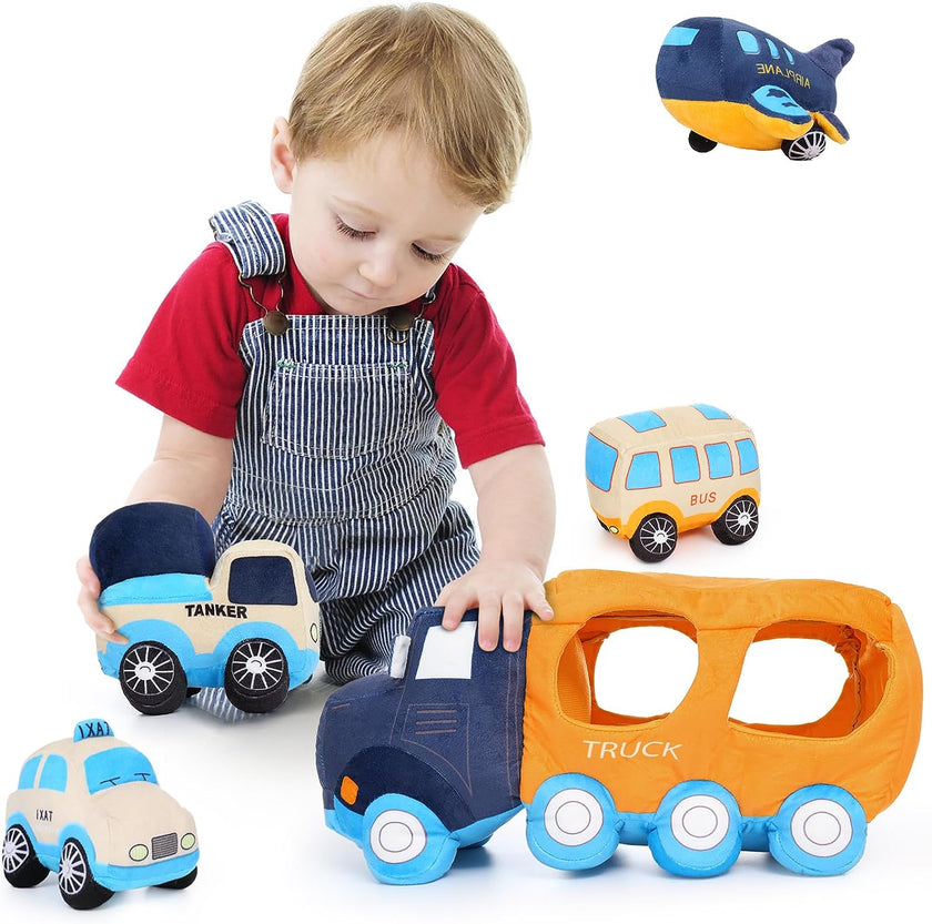 Big Car Stuffed Plush Toy, Soft Truck Toy Set with 4 Plush Baby Vehicles Toys