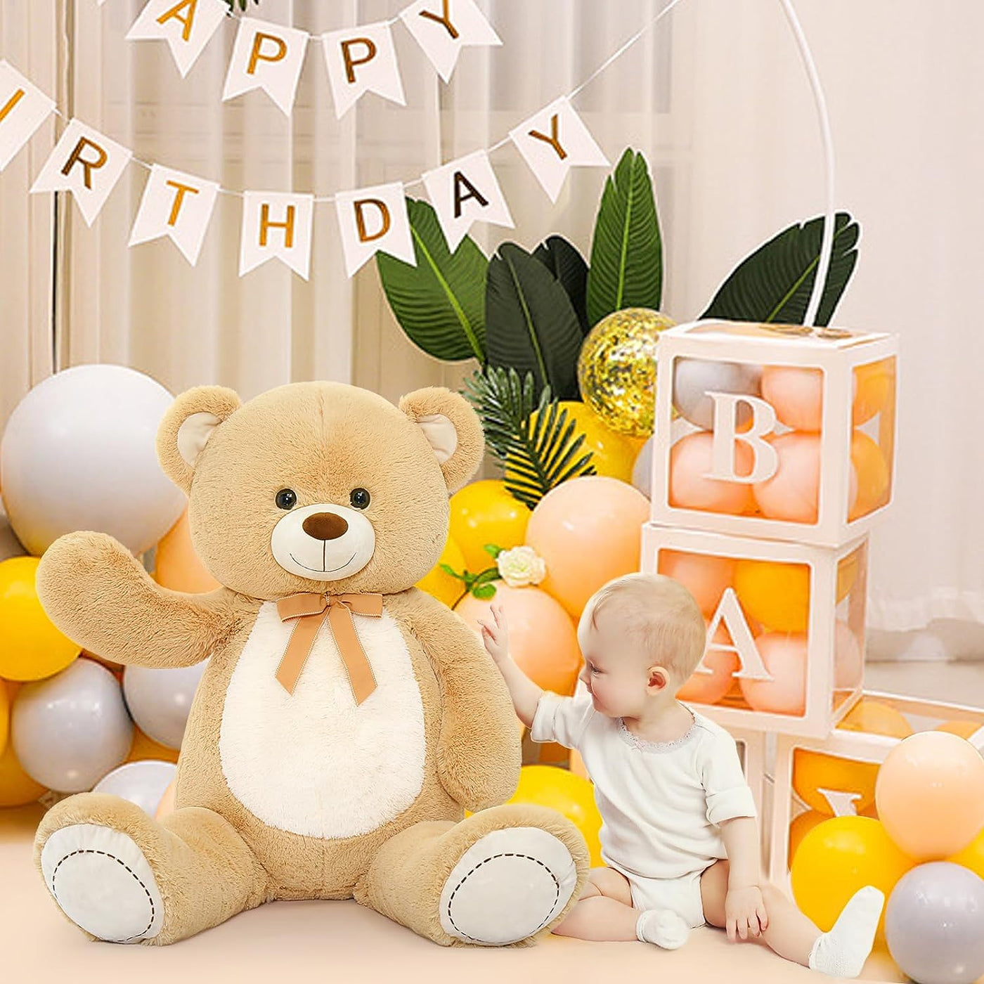 MorisMos Teddybär, 130 cm, riesiger Teddybär mit Schleife, flauschiges Stofftier-Plüschtier