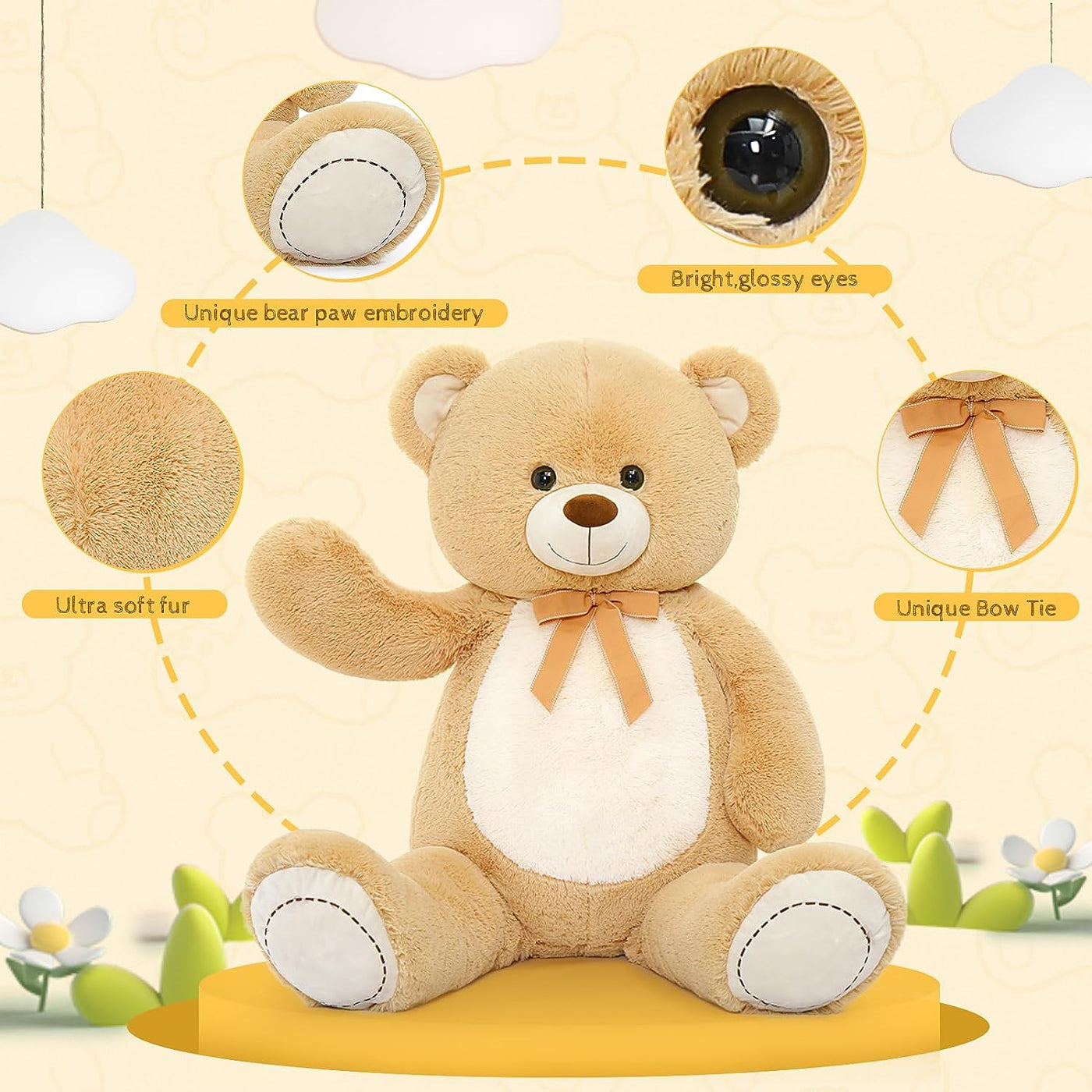 MorisMos Teddybär, 130 cm, riesiger Teddybär mit Schleife, flauschiges Stofftier-Plüschtier