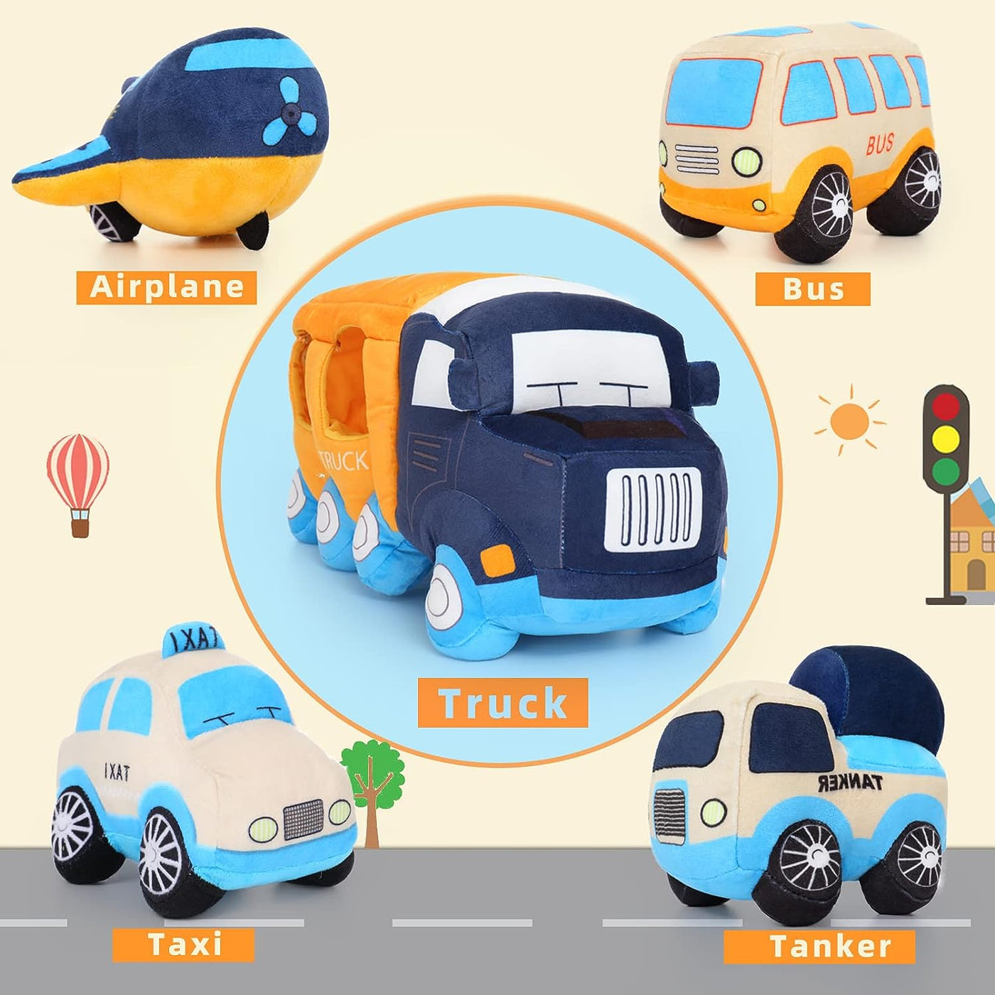 Big Car Stuffed Plush Toy, Soft Truck Toy Set with 4 Plush Baby Vehicles Toys