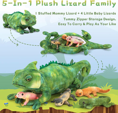 Morismos Lézard en peluche, caméléon en peluche avec 4 bébés à l'intérieur