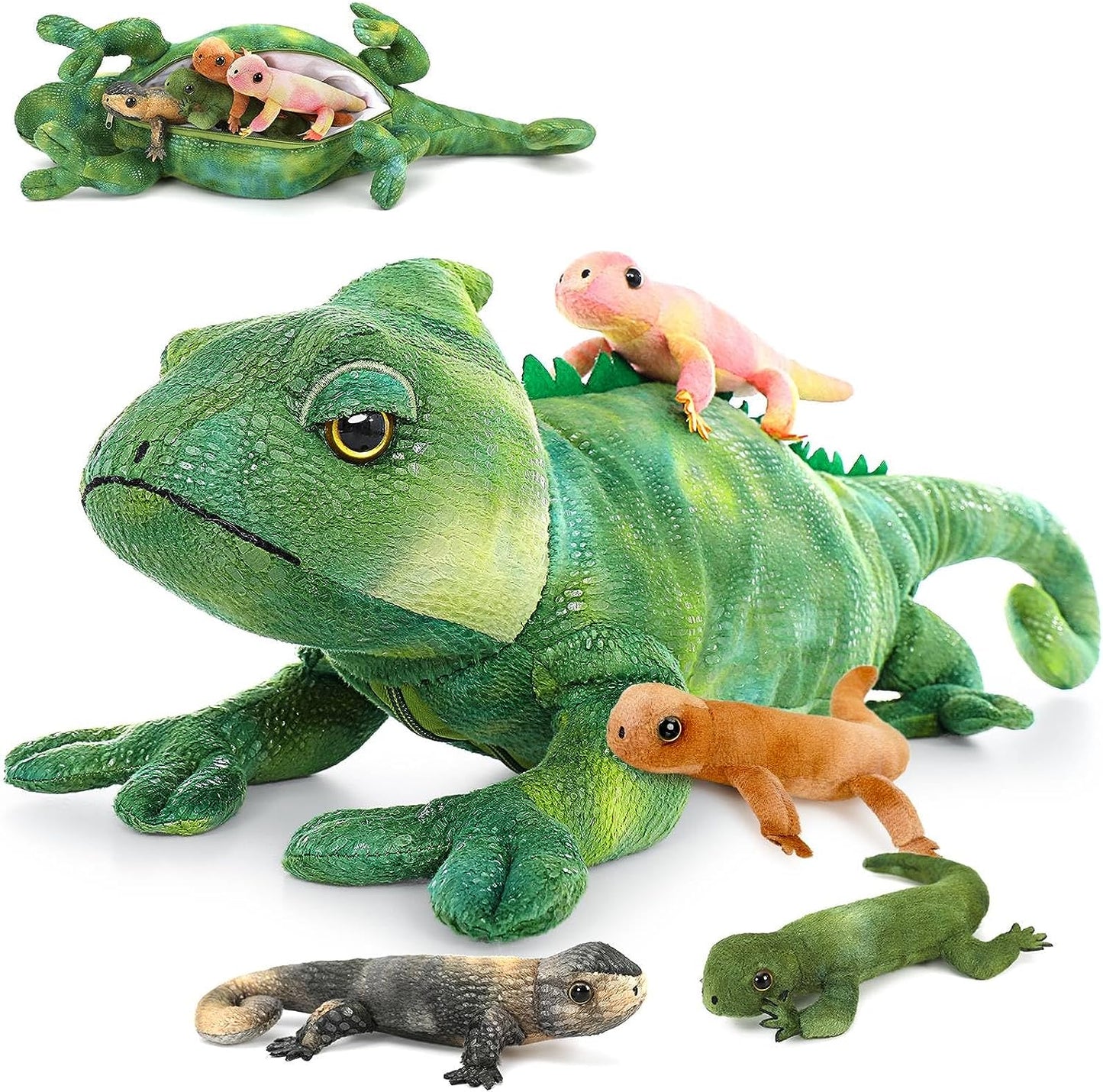 Morismos Lézard en peluche, caméléon en peluche avec 4 bébés à l'intérieur