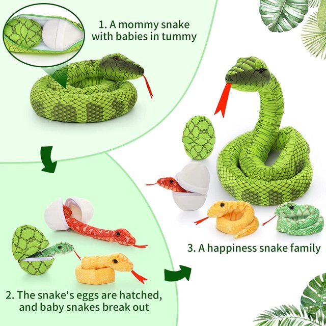 Serpent en peluche géant réaliste 82" Serpent en peluche maman avec 3 bébés et 2 œufs