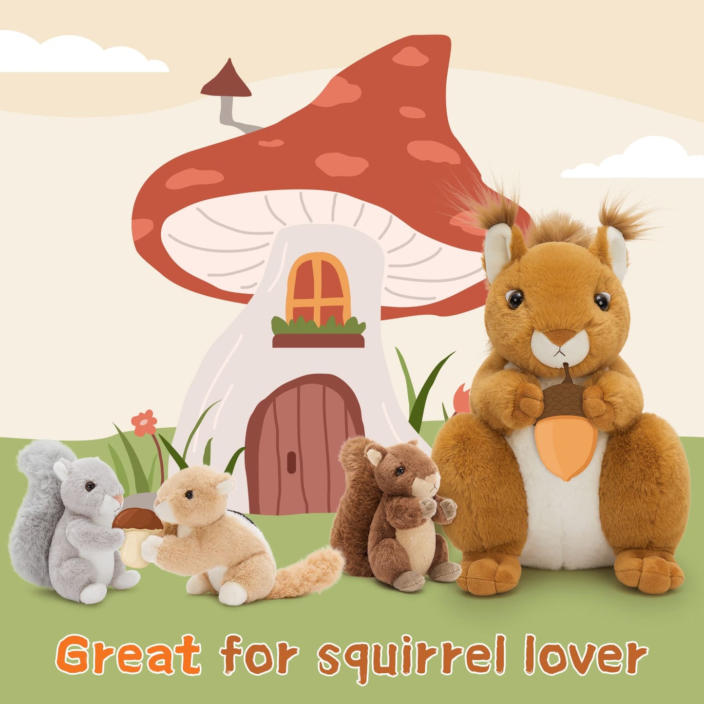 Fluffy Golden Brown Squirrel Plush Toy with Three Baby Squirrels - Soft, Hugable Stuffed Animal for Birthdays, Christmas, and More