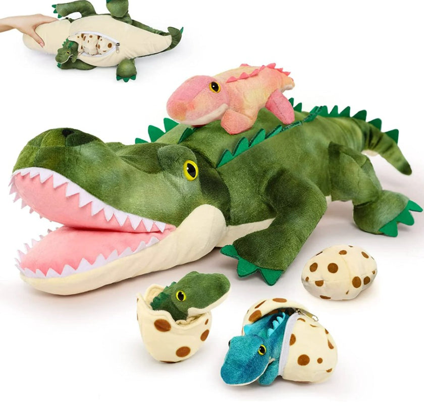 MorisMos 24" Alligator en peluche Maman Crocodile en peluche avec 3 bébés et 3 œufs 