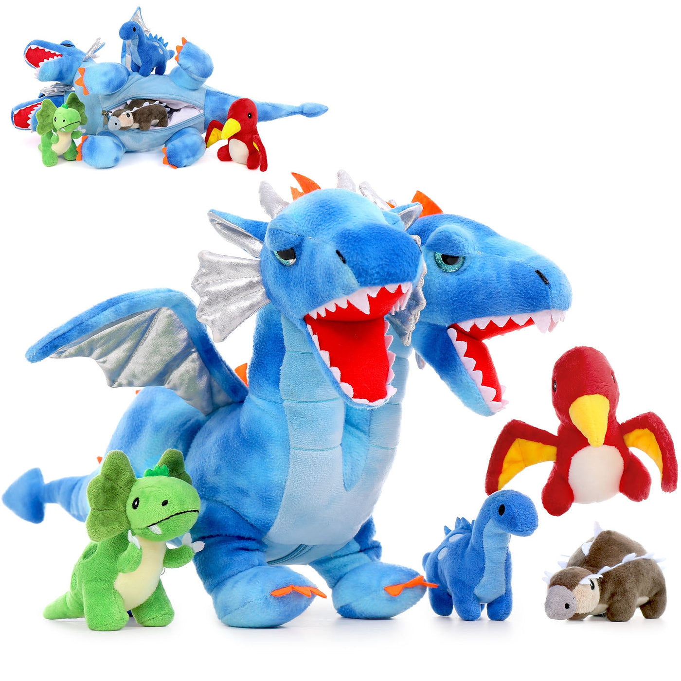 MaoGoLan 5 PCs Double Headed Dragon Stuffed Animals 21" Mommy Dragon with 4 Baby Dinosaurs