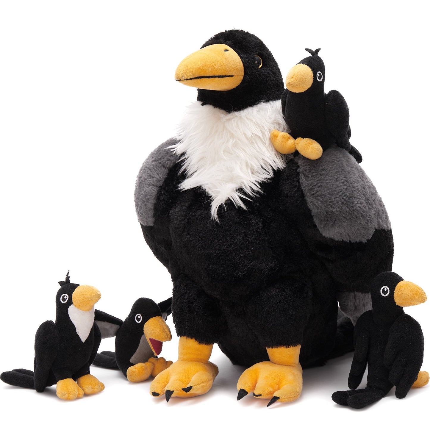 23.5" Giant Raven Stuffed Animal with 4 Small Crow Babies Plush Toy