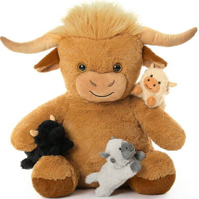 MorisMos 18'' Highland Cattle Stuffed Animal Soft Stuffed Highland Cow Plush Mommy and 3 Babies