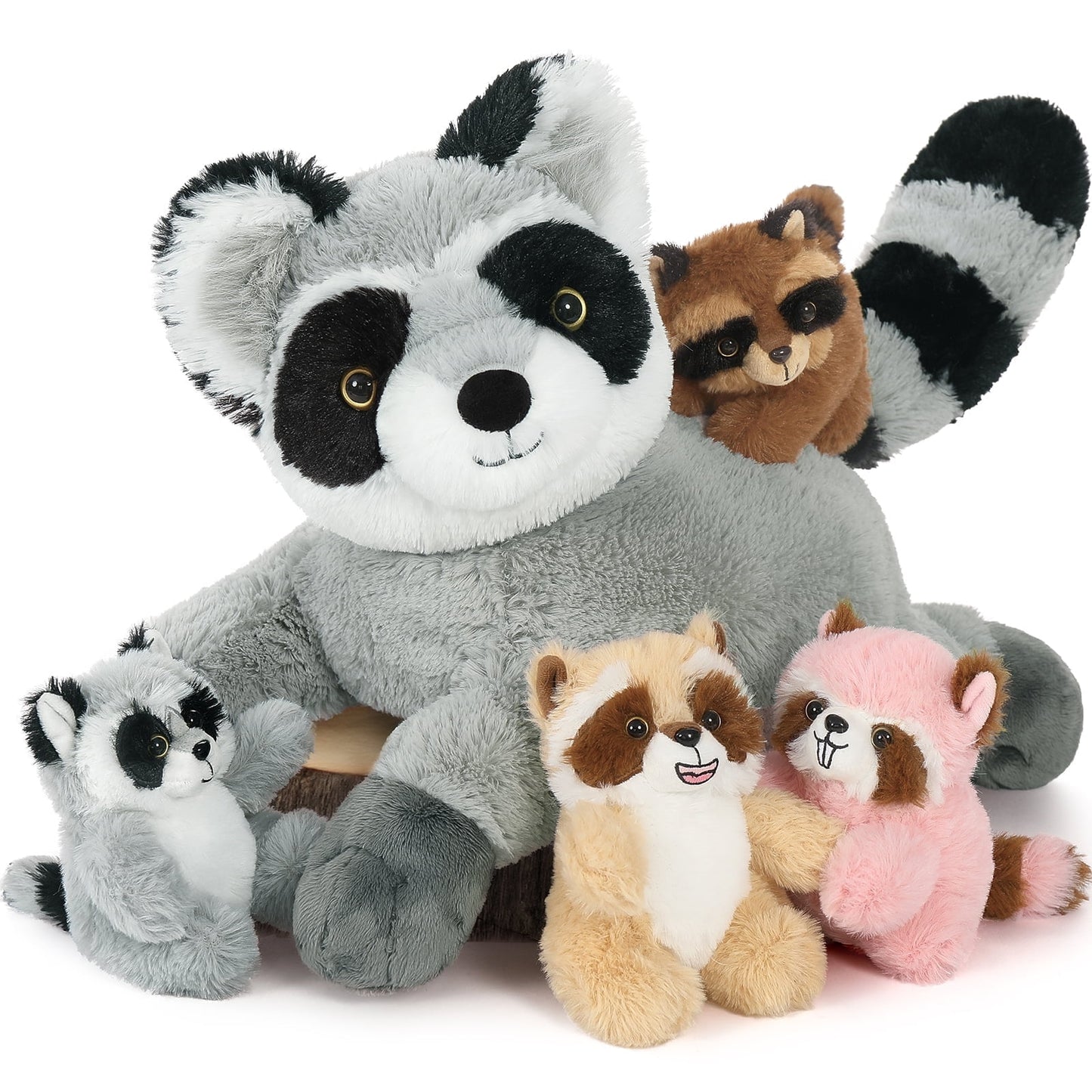 MorisMos 18" Raccoon Stuffed Animal Mommy Raccoon and 4 Baby Plush Toys