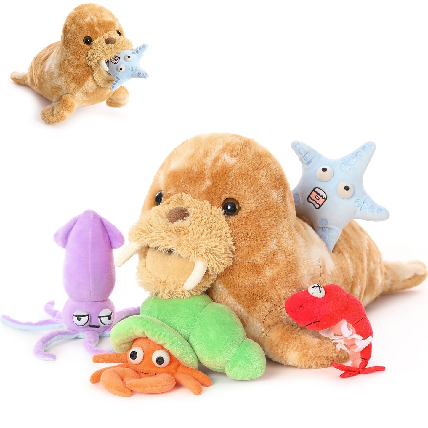 MorisMos 18" Tie-staining Brown Walrus Stuffed Animal Mommy Walrus and Baby Starfish/Lobster/Crab/Squid Plush Toys