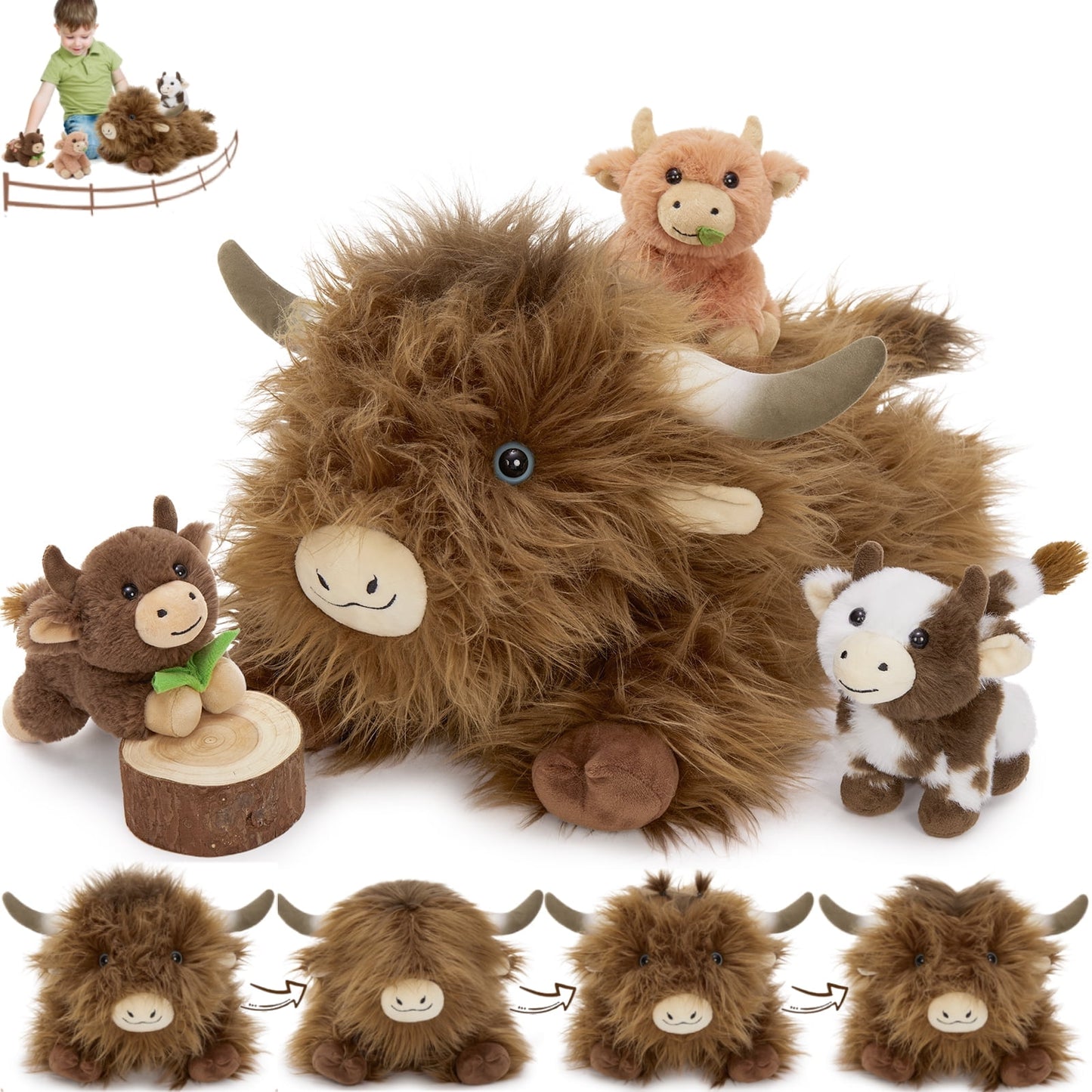 MorisMos 20" Highland Cow Stuffed Animal with 3 Babies Plush Toys