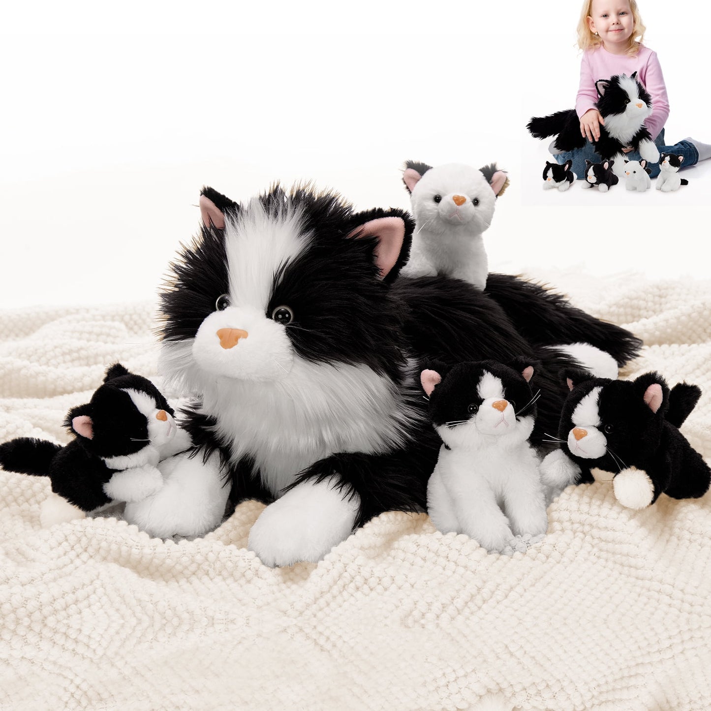 MorisMos 20" Cat Stuffed Animal, Realistic Stuffed Cat with 4 Kittens Baby Plush Toys