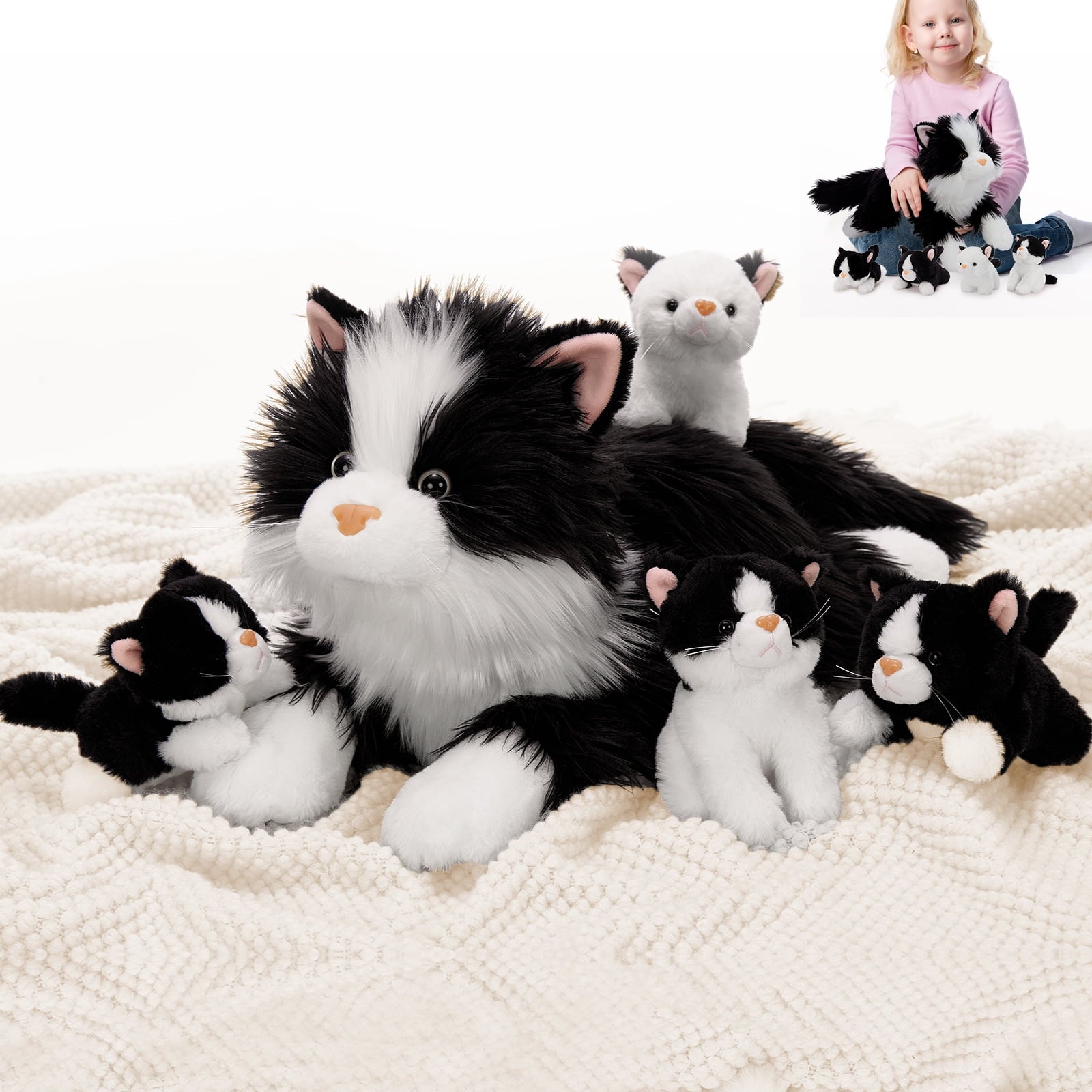 MorisMos 20" Cat Stuffed Animal, Realistic Stuffed Cat with 4 Kittens Baby Plush Toys