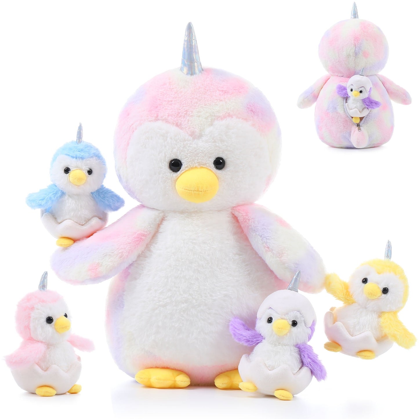 MorisMos 20" Rainbow Penguin Stuffed Animal Mommy Penguin with 4 Baby Plush Toys