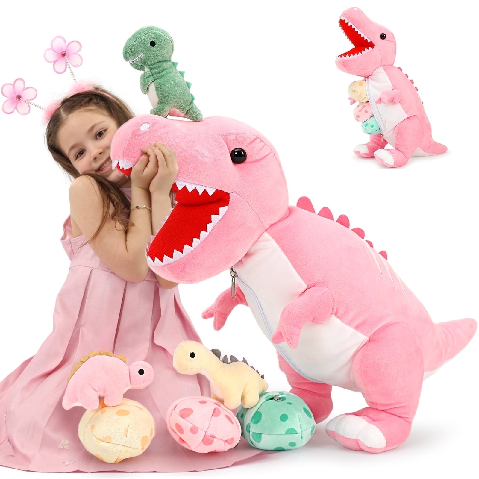 MorisMos Peluche Dinosaure en Peluche 23,6'' Maman Dinosaure en Peluche avec 3 bébés