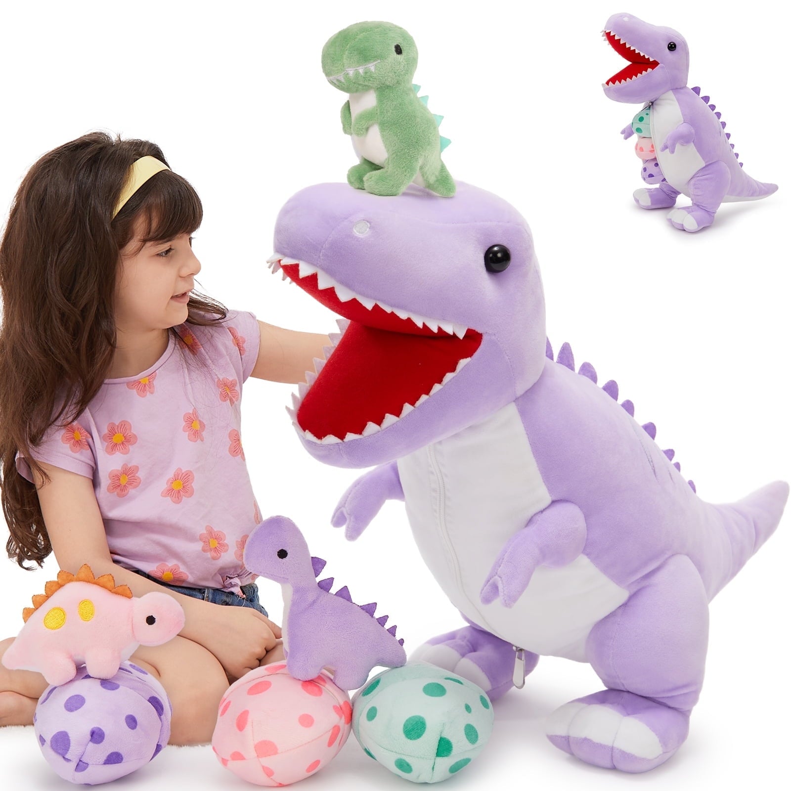 MorisMos Peluche Dinosaure en Peluche 23,6'' Maman Dinosaure en Peluche avec 3 bébés