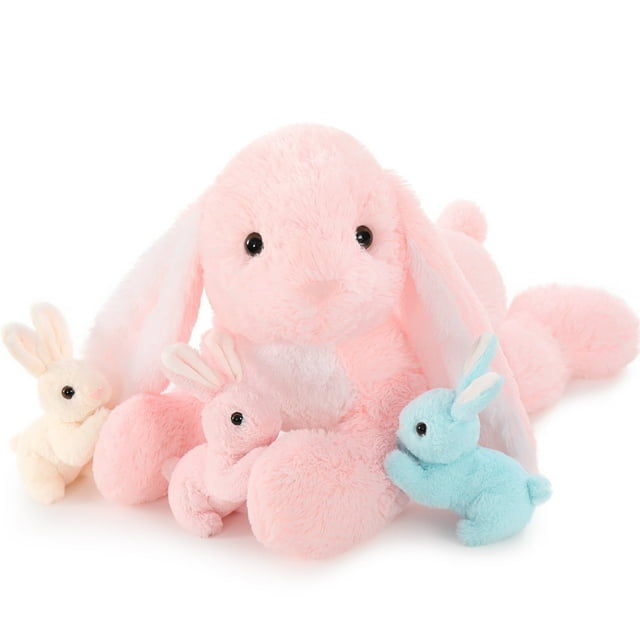 MorisMos 24'' Pink Stuffed Bunny and 3 Babies Rabbit Plush