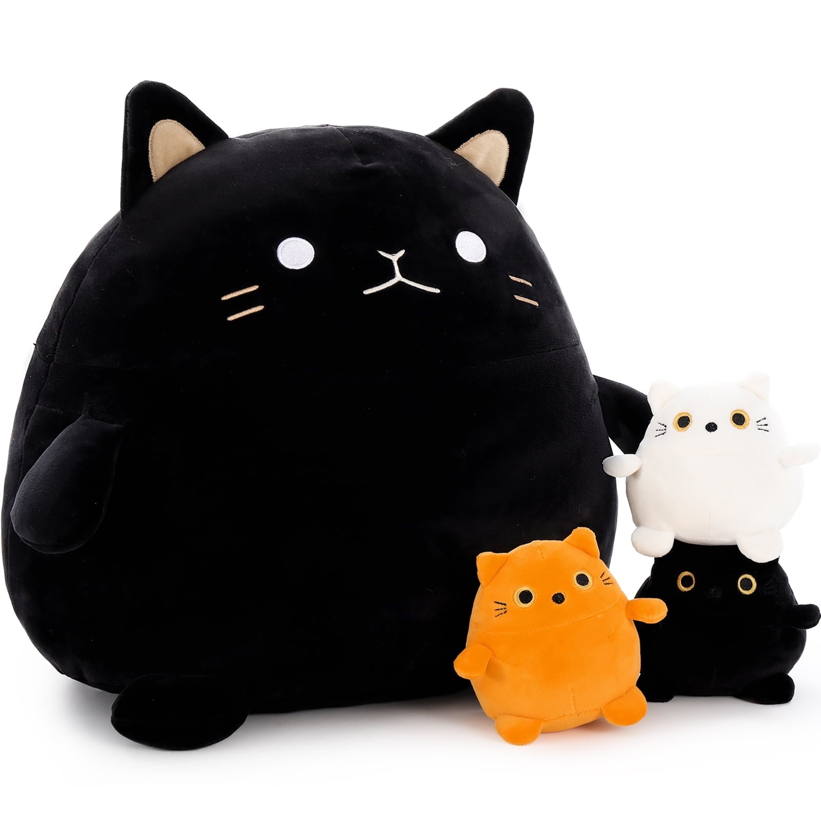 MorisMos 4Pcs Fat Cats Stuffed Animal,16" Black Cat Mommy with 3 Cute Baby Kittens