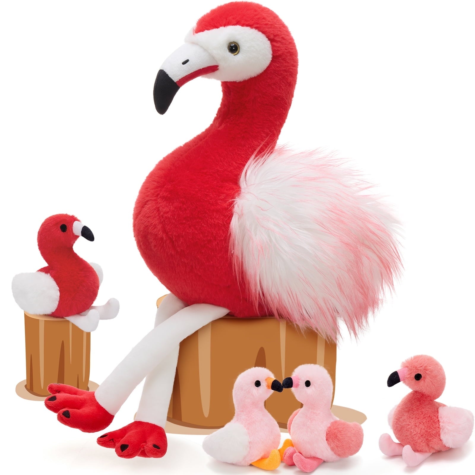 MorisMos 20'' Plush Flamingo Stuffed Animals with 4 Baby Flamingo Toy
